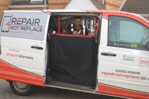 Repair Not Replace work inside their vans, their vans are work stations, allowing repairs to be done outside any location.